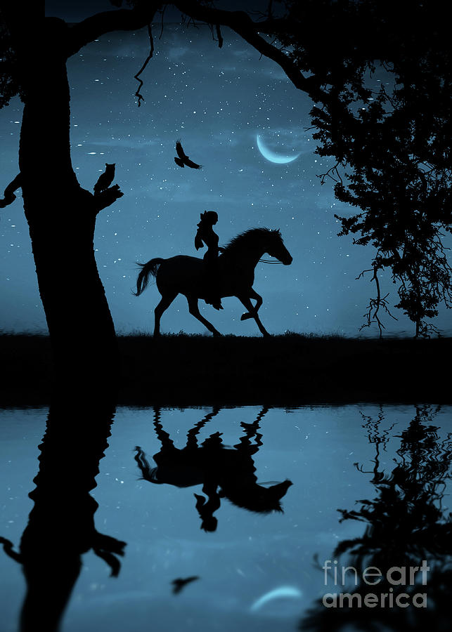 Horse and Rider Beautiful Night Girl Riding Crescent Moon Raven and Owl and Oak Photograph by Stephanie Laird