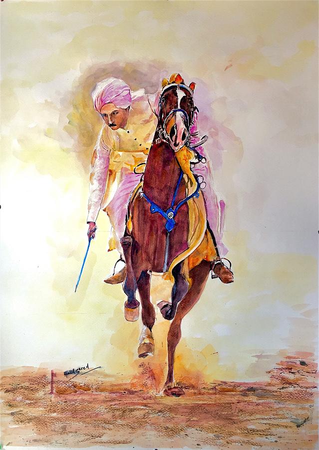Horse Painting - Horse and rider in yellow by Khalid Saeed