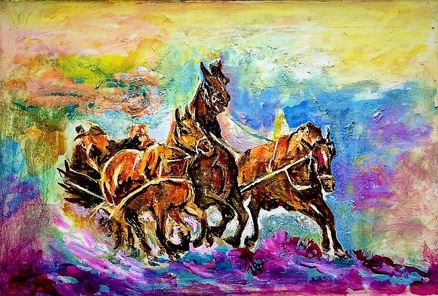 Horse driven chariot Painting by Khalid Saeed