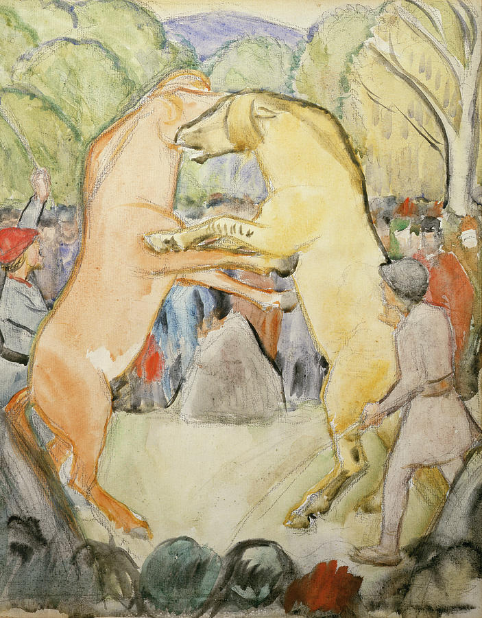 Horse fight Painting by O Vaering by Erik Werenskiold
