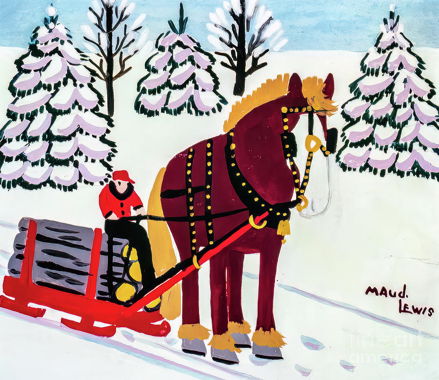Horse Hauling Logs by Maud Lewis 1966 Painting by Maud Lewis