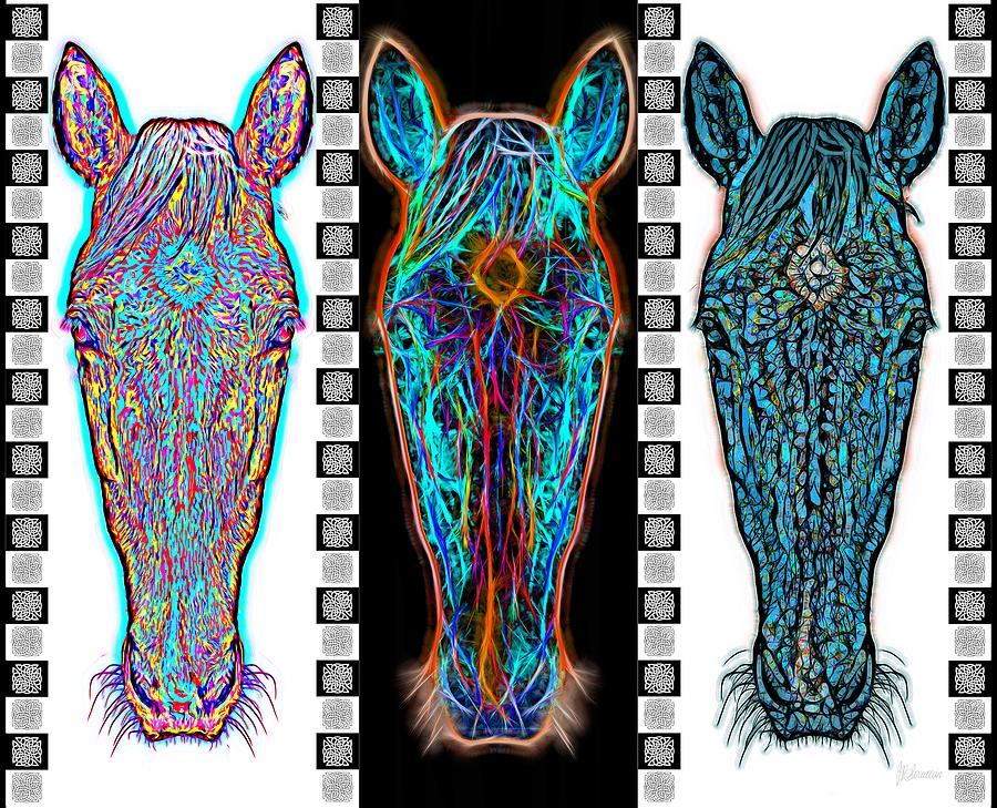 Horse Heads Neon Three Digital Art by Joan Stratton