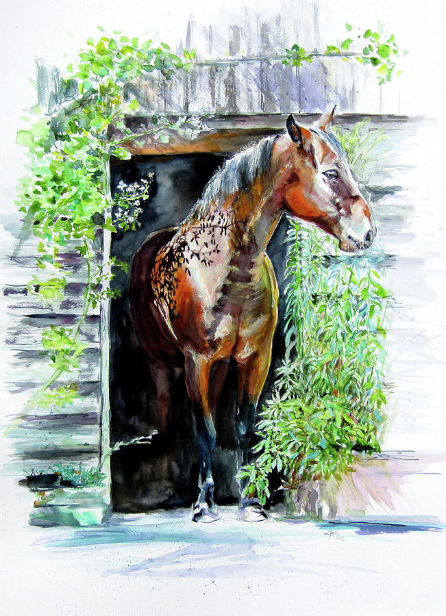 Horse in the yard - A Painting by Kovacs Anna Brigitta