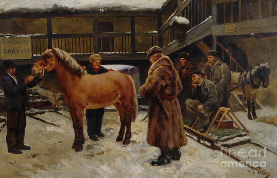 Horse market Painting by O Vaering by Wilhelm Peters