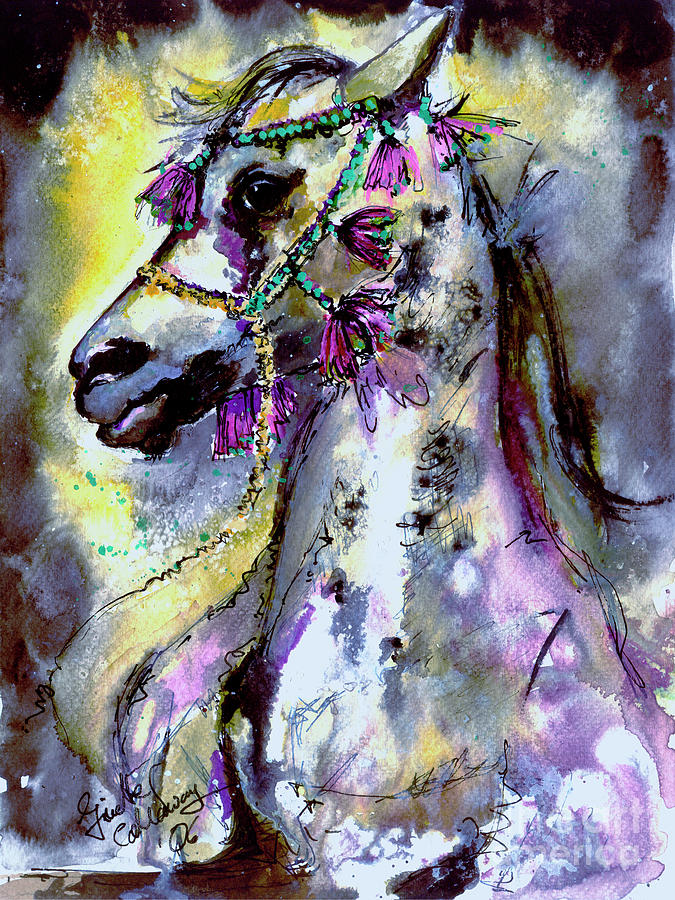 Horse Portrait Arabian with Head dress Painting by Ginette Callaway