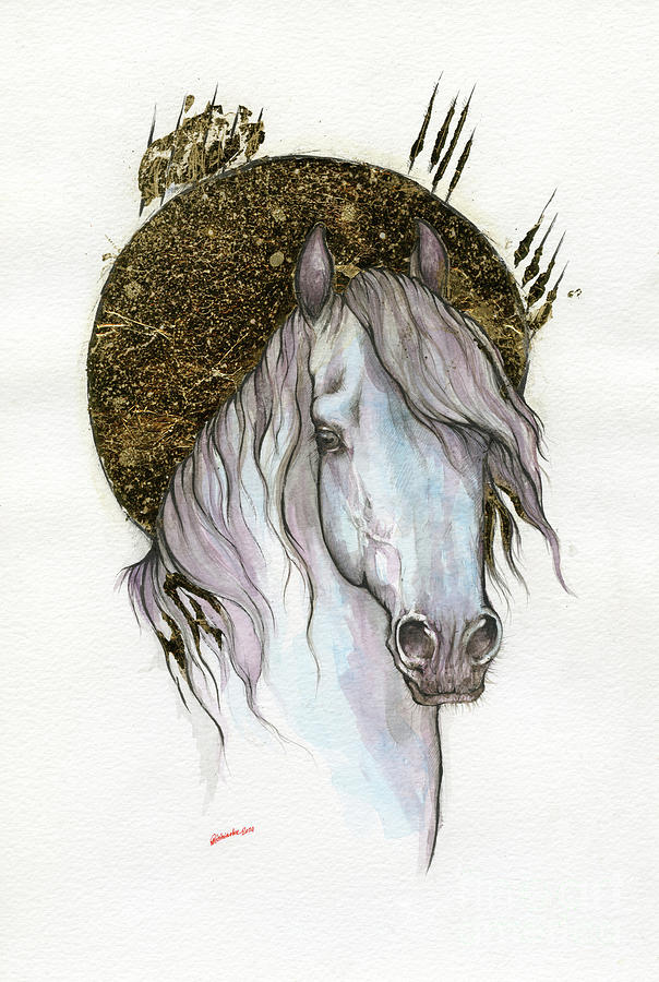 Horse Painting - Horse portrait with golden sun by Ang El