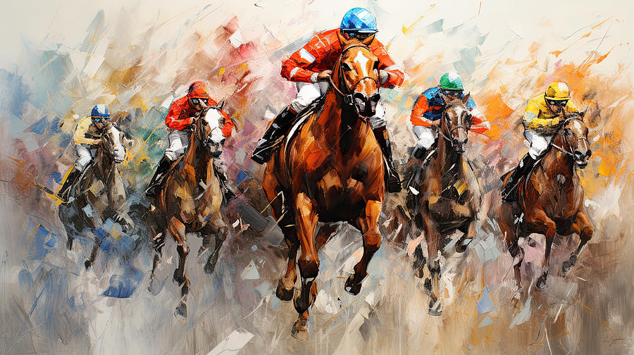 Horse Racing Colorful Abstract  Painting by Lourry Legarde