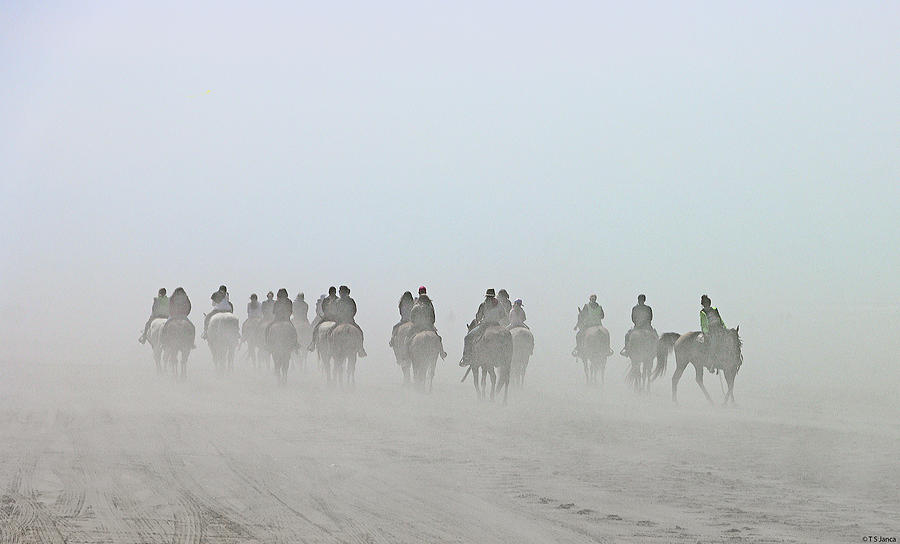 Horse Riders In The Sand And Fog At Ocean Shores  Digital Art by Tom Janca