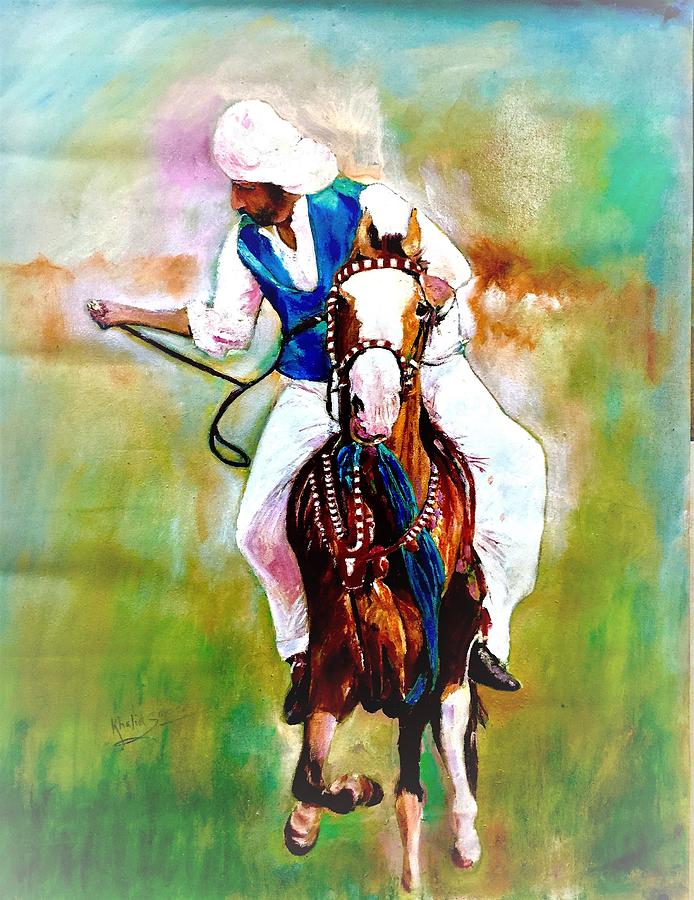 Horse riding Painting by Khalid Saeed