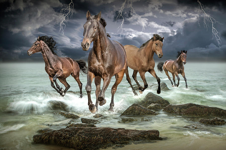Horse Stampede in the Surf during a Thunder and Lightning Storm Photograph by Randall Nyhof