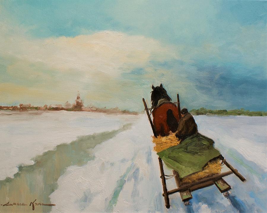 Horse with sleigh in winter landscape Painting by Luke Karcz
