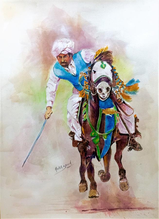 Horse,horseman and lance. Painting by Khalid Saeed