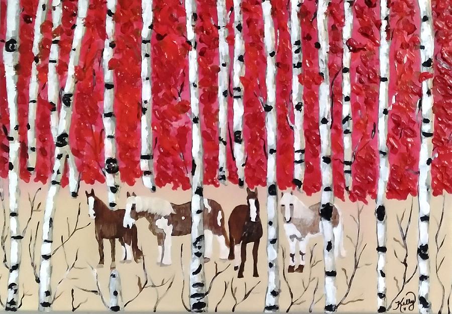 Horses among the Aspens Painting by Kelly Johnson
