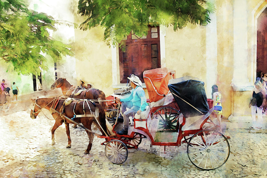 Horse Mixed Media - Horse and Carriage Ride - Cuba Town Square by Peggy Collins