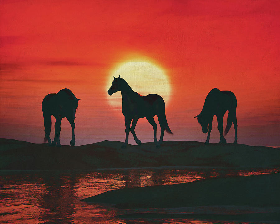 Horses at red sunset Painting by Jan Keteleer