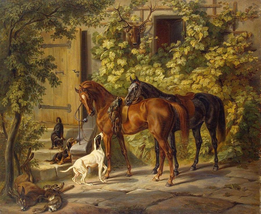 Summer Drawing - Horses at the Porch  #5 by Albrecht Adam