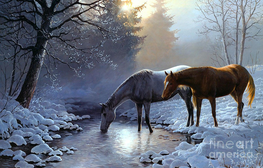 Horses At The Winter Stream Mixed Media by Sandi OReilly