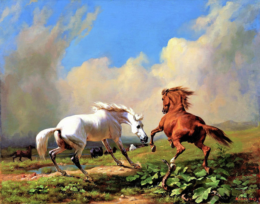 Horses balking at approaching storm - Digital Remastered Edition Painting by Rudolf Koller