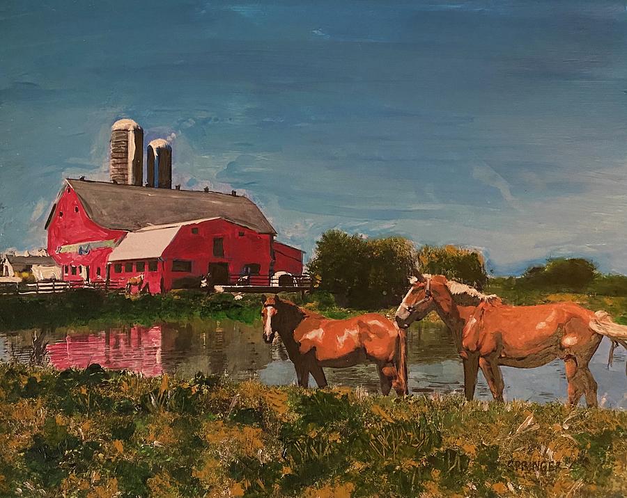 Horses by the Barn Painting by Gary Springer