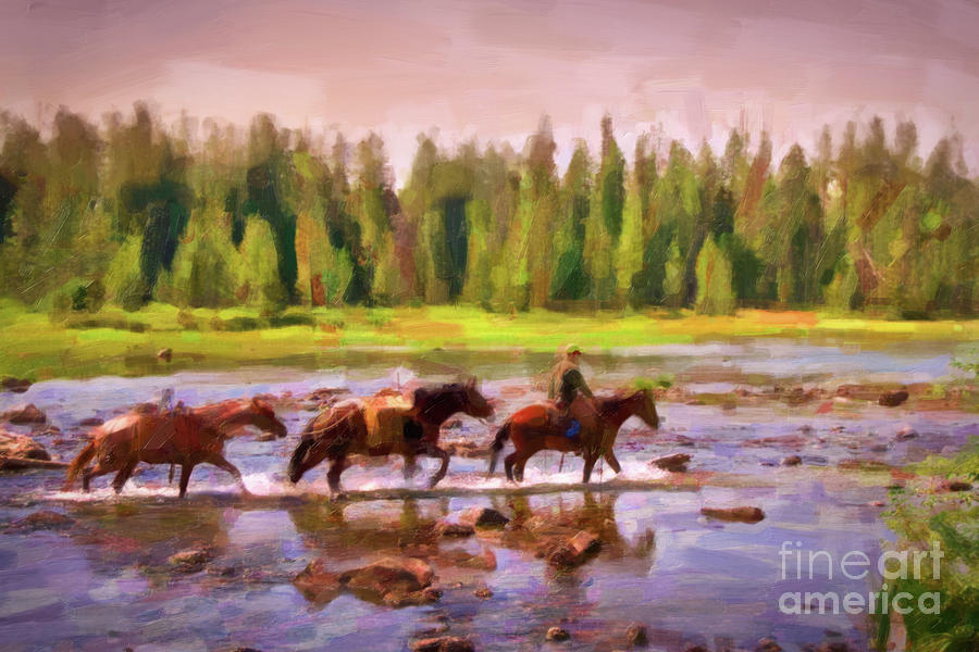Horses crossing the river Painting by Delphimages Photo Creations
