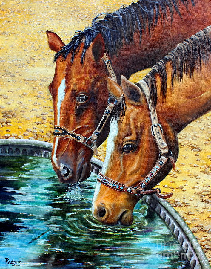 Horses drinking Painting by Pechez Sepehri