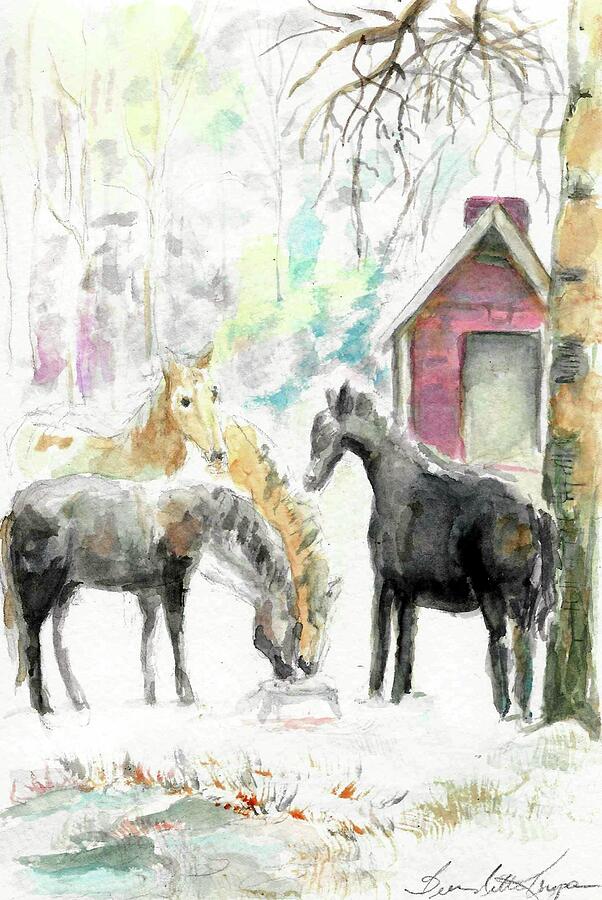 Horses Feeding Painting by Bernadette Krupa