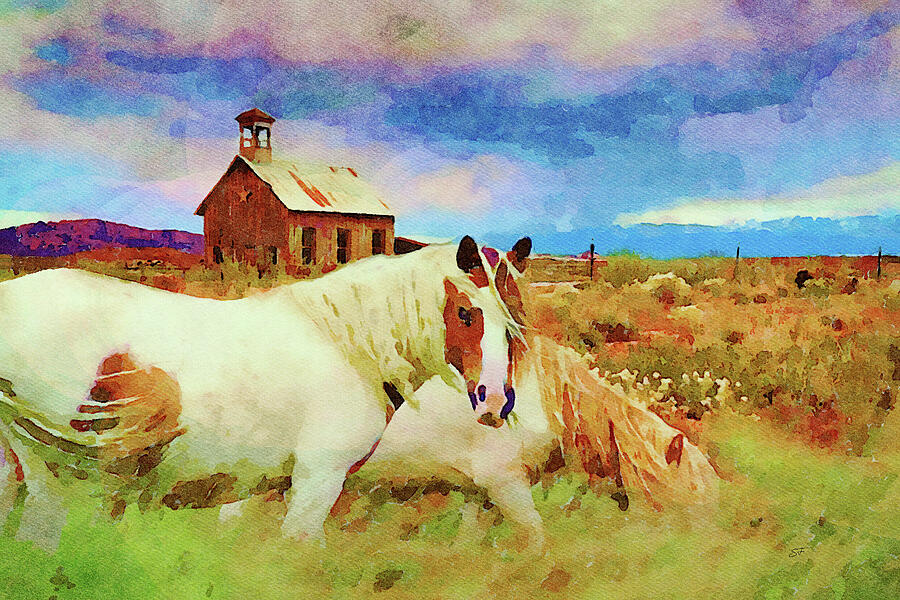 Horses Grazing by Abandoned Old Church House Barn Mixed Media by Shelli Fitzpatrick