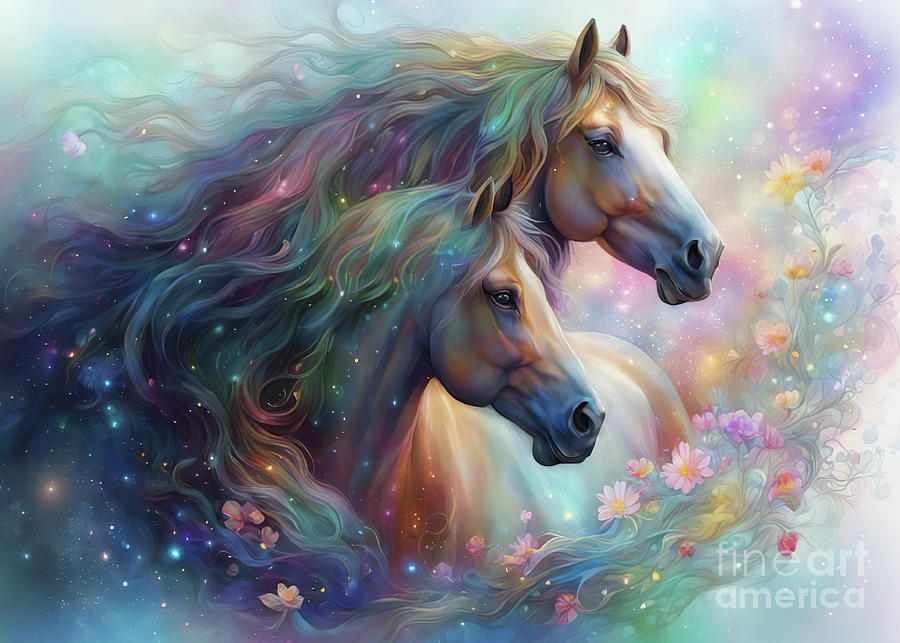 Horses in Swirly Flowers Pretty Artistic Mixed Media by Stephanie Laird