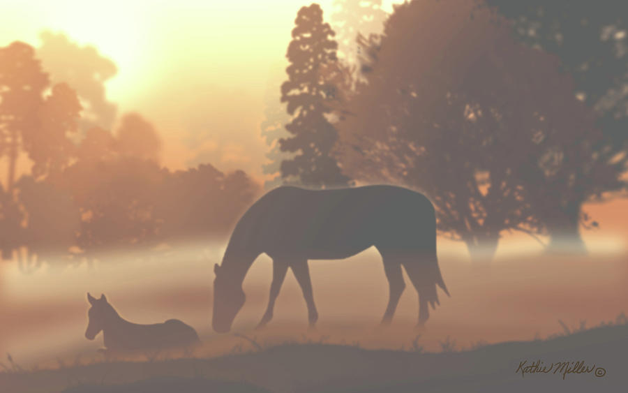 Horses in the Mist Digital Art by Kathie Miller