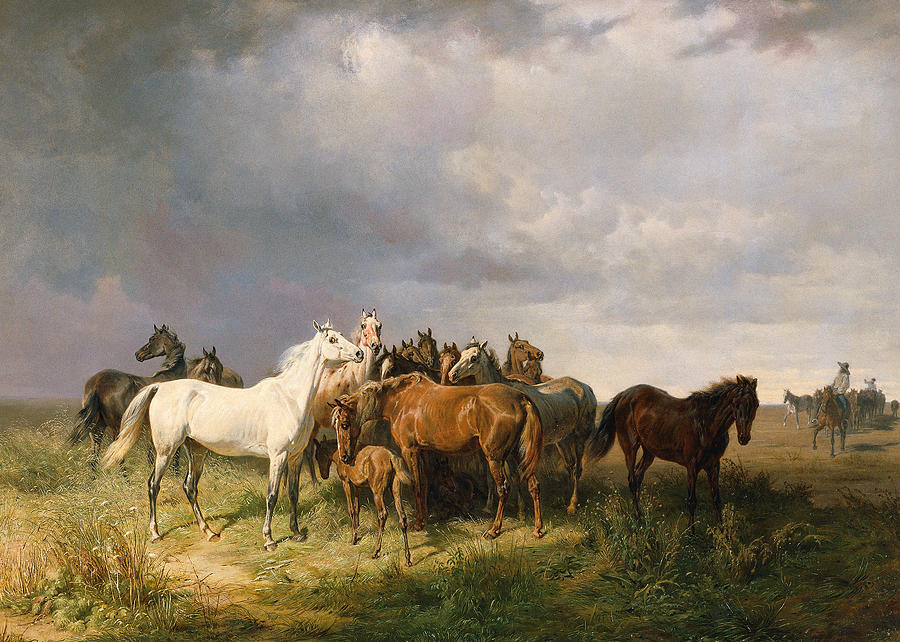 Horses in the Puszta Painting by Franz Adam