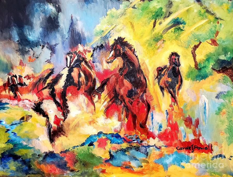 Horses in Thunderstorm Painting by Carole Powell
