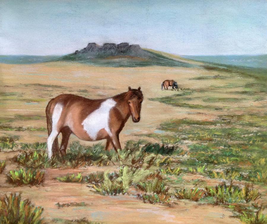 Horses on Bodmin Moor Pastel by Barbara Magor