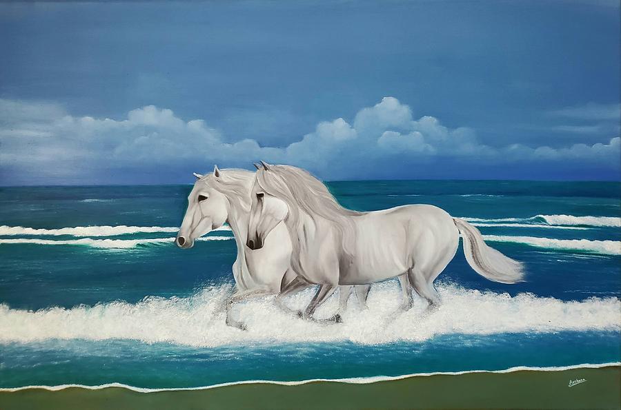 Horses on the Beach  Painting by Archana Gautam