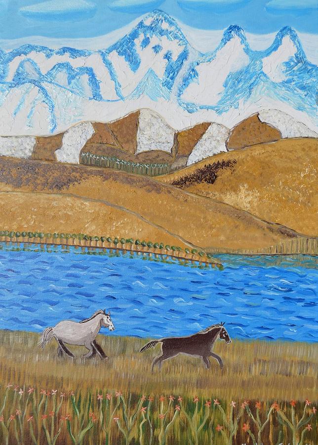 Horses running in the Mountains  Painting by Magdalena Frohnsdorff