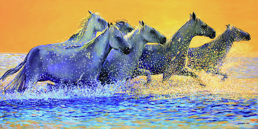 Horses Running the Beach at Sunset Painting by Karl Wagner