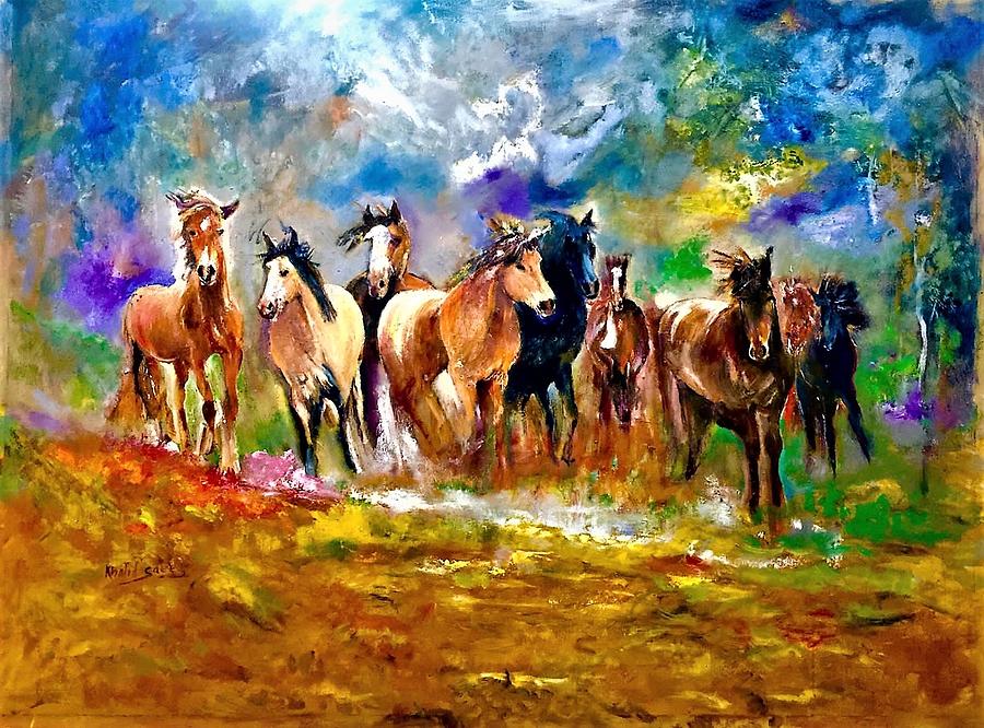 Horses under skies Painting by Khalid Saeed