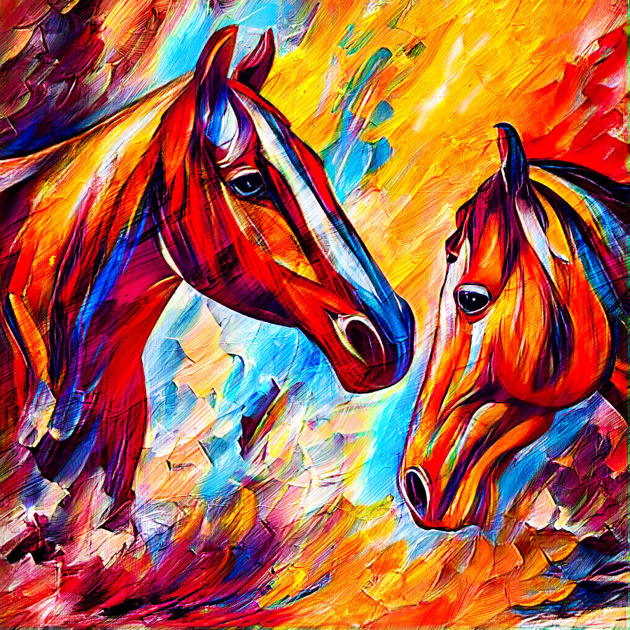 Horses watching each other - colorful dark orange, red and cyan portrait Digital Art by Nicko Prints