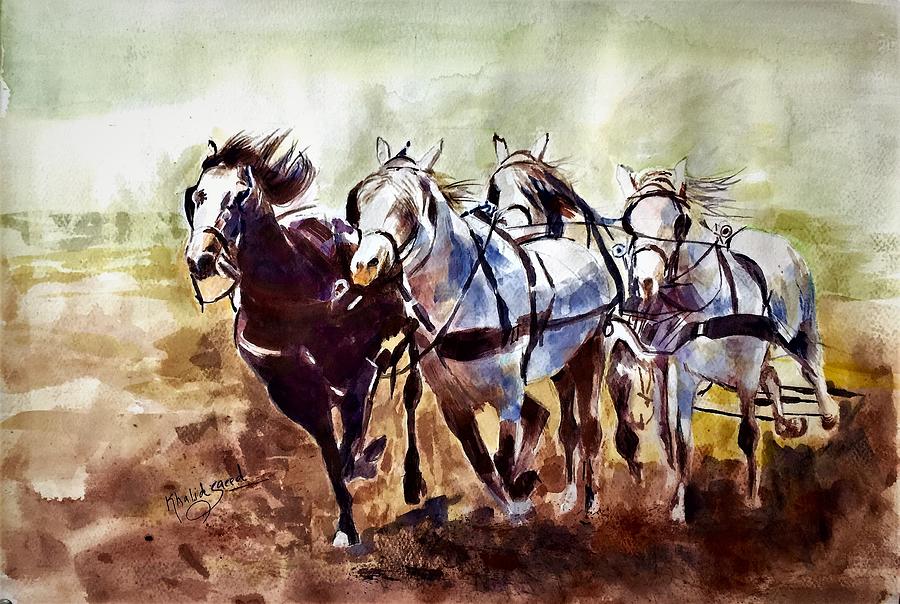 Horse Painting - Horses without chariot by Khalid Saeed