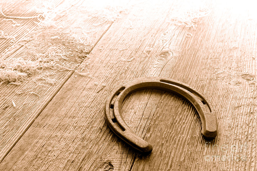 Horseshoe on Barn Floor - Sepia Photograph by Olivier Le Queinec