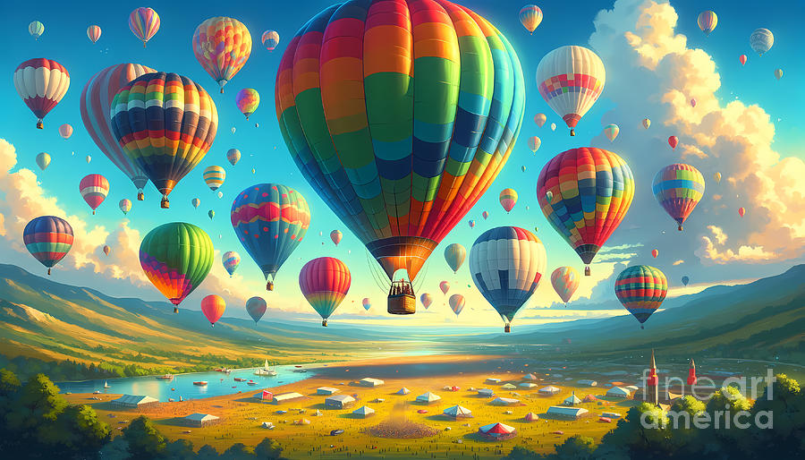 Hot Air Balloon Digital Art - Hot Air Balloon Festival, Colorful hot air balloons floating in a clear blue sky by Jeff Creation