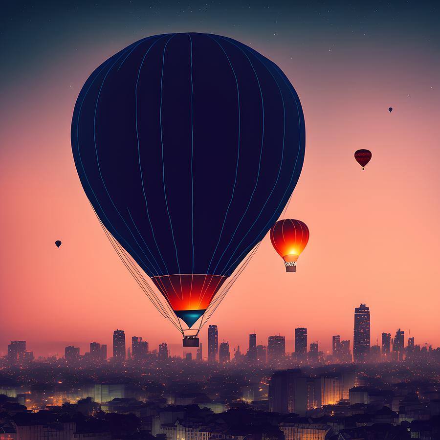 Sunset Digital Art - Hot Air Balloon Floating over Night City, Generative AI Illustra by Miroslav Nemecek
