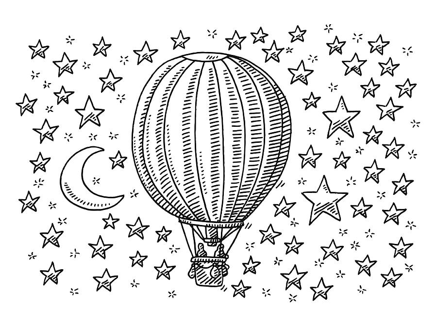 Hot Air Balloon Flying To The Moon And Stars Drawing Drawing by FrankRamspott