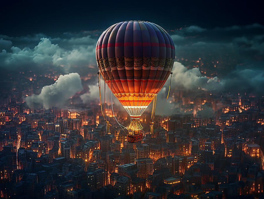 Hot air balloon over city Digital Art by Karen Foley