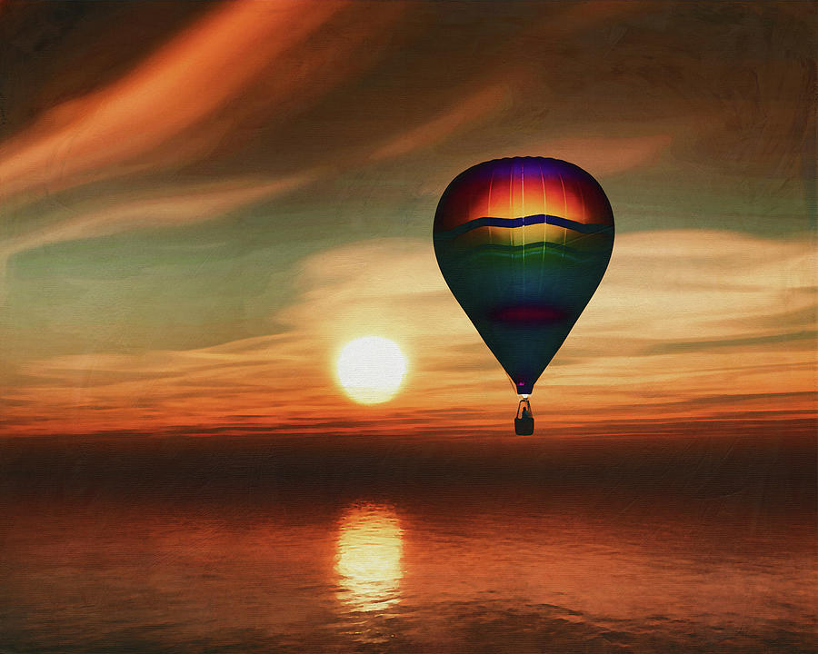 Hot air balloon sail over the sea sunset Painting by Jan Keteleer