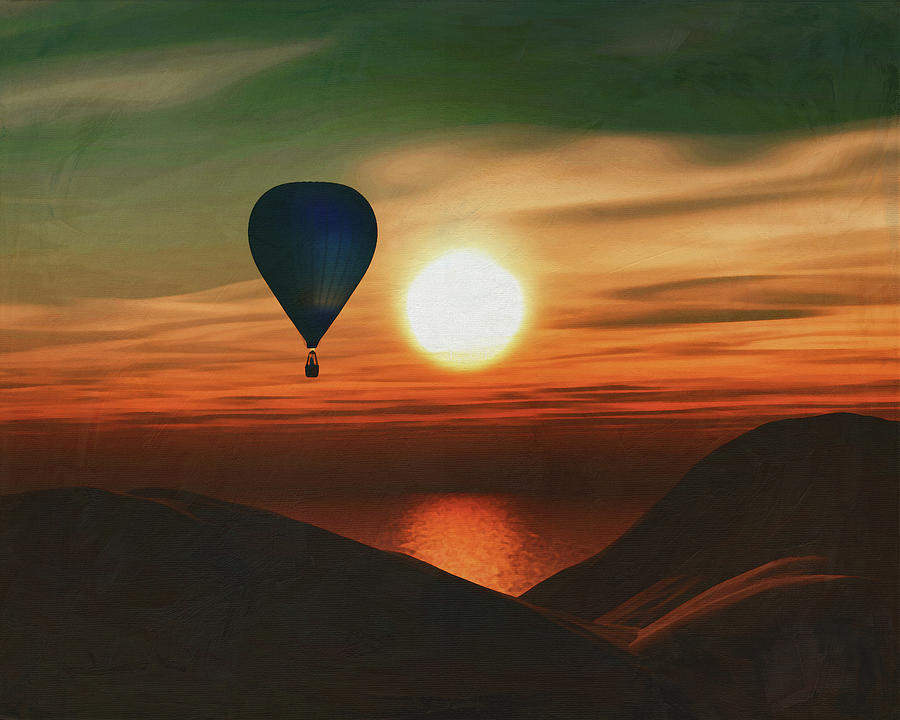 Hot Air Balloon Sails Over The Sea In The Sunset Painting by Jan Keteleer