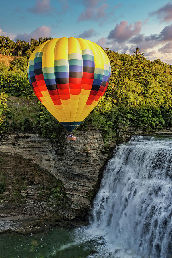 Nature Photograph - Hot Air Ballooning Over The Middle Falls At Letchworth State Par by Jim Vallee