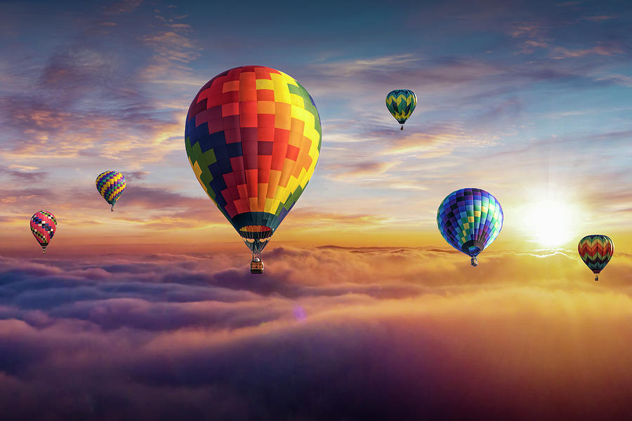Hot Air Balloons in a Balloon Festival at Sunset Photograph by Randall Nyhof