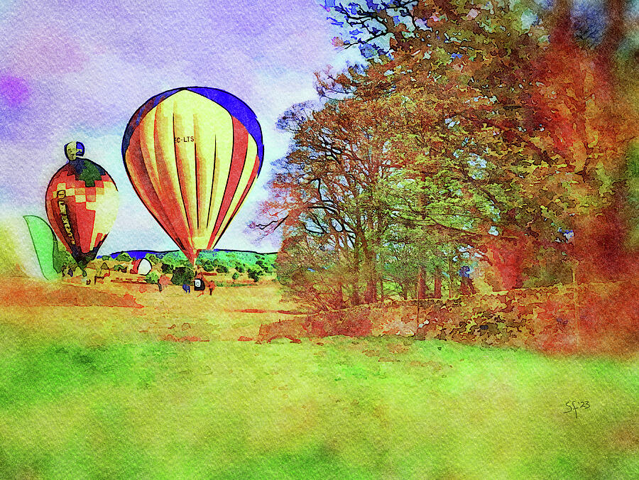 Hot Air Balloons in the English Countryside Watercolor Painting  Digital Art by Shelli Fitzpatrick