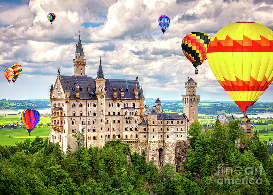 Hot Air Balloons Over Fairytale Neuschwanstein Castle Bavaria Mixed Media