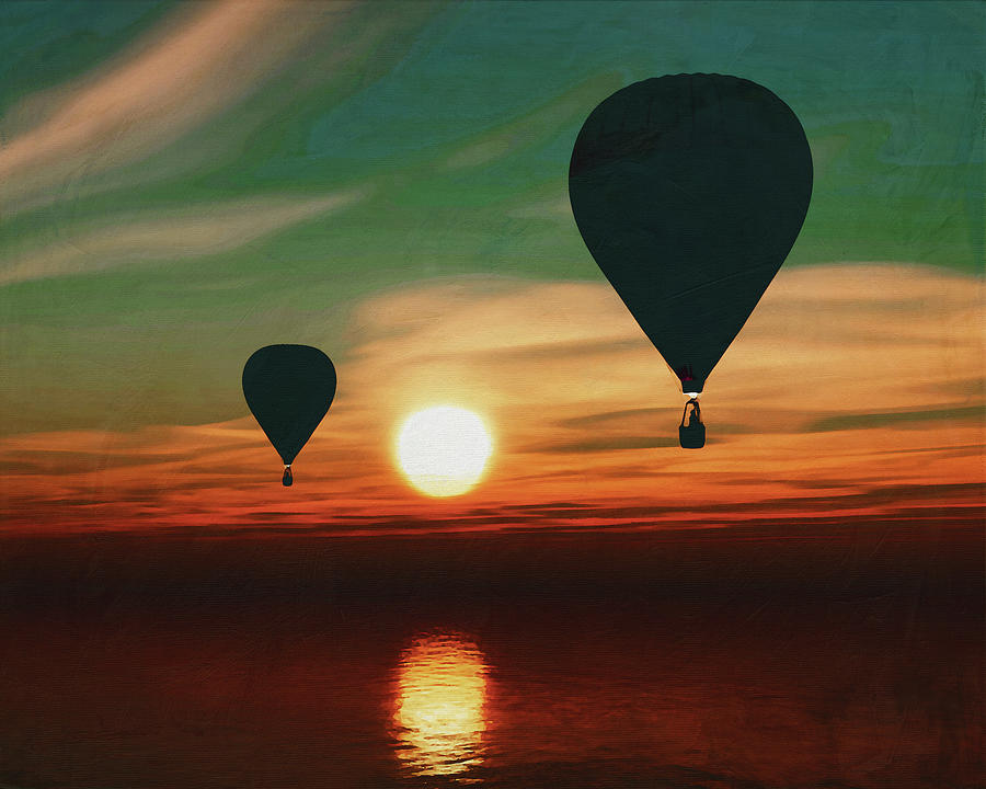 Hot air balloons sail over the sea during sunset Painting by Jan Keteleer